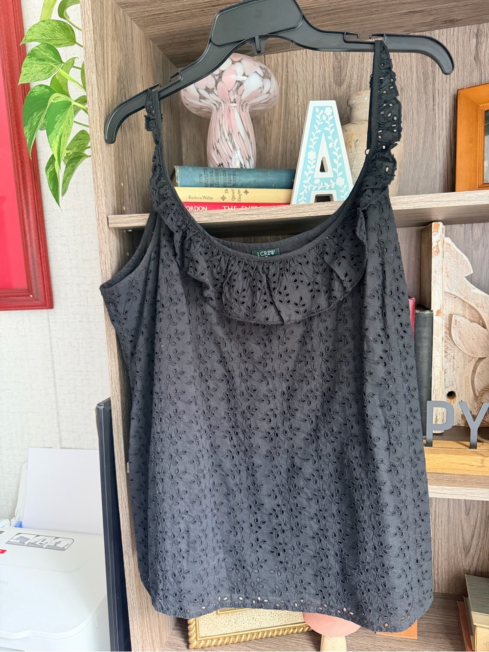 J. Crew Black Eyelet Ruffle-Trim Camisole